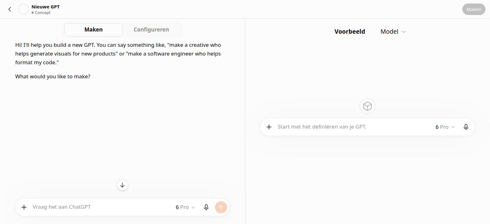 De GPT-editor: links Maken en Configureren, rechts Voorbeeld