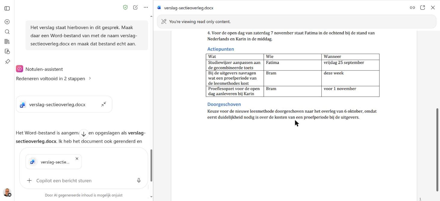 De tabel met actiepunten in Word