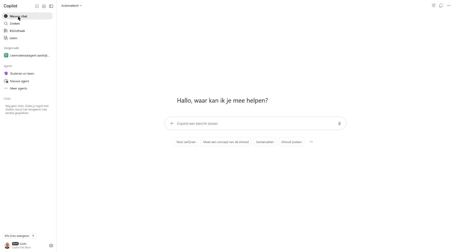 Het startscherm van Copilot, met links het kopje Agents