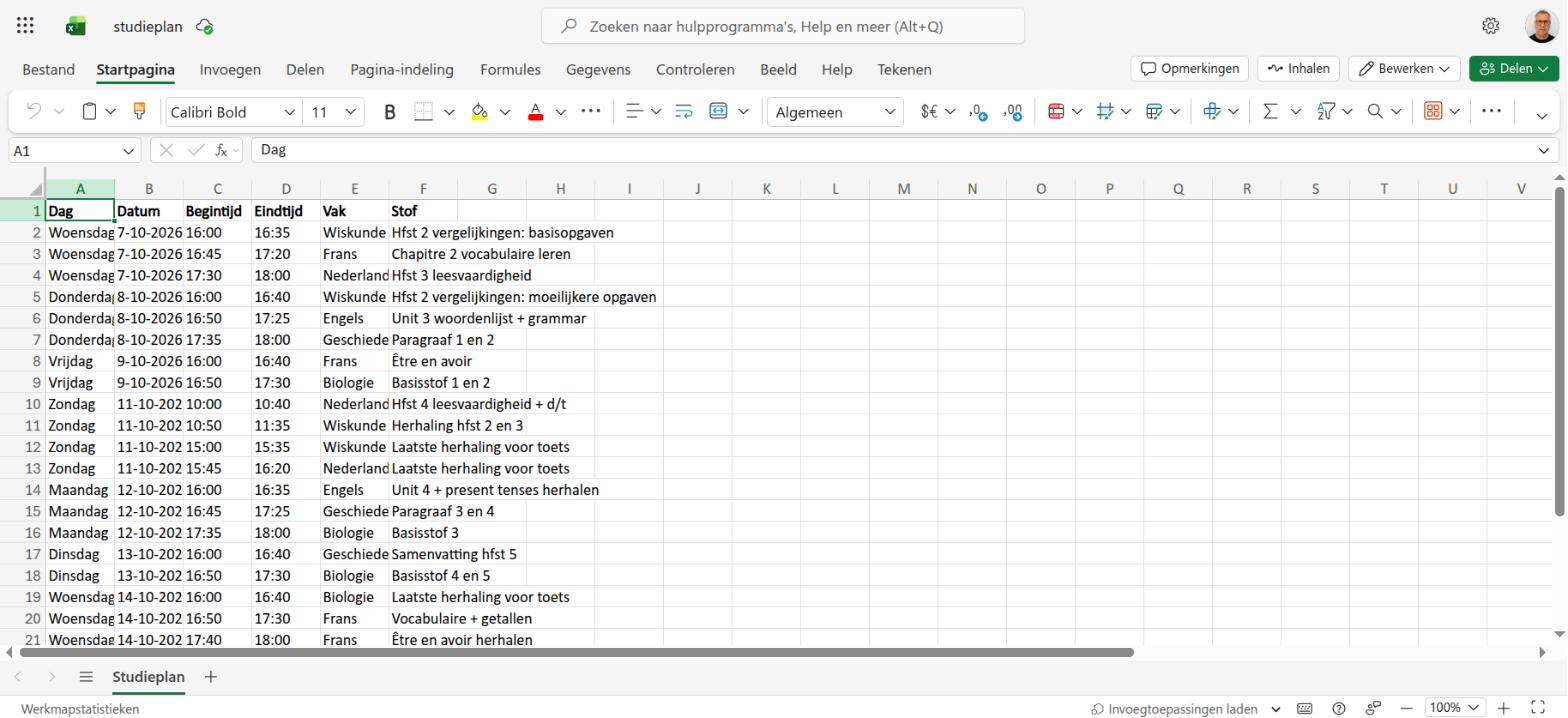 Het Excel-bestand op OneDrive