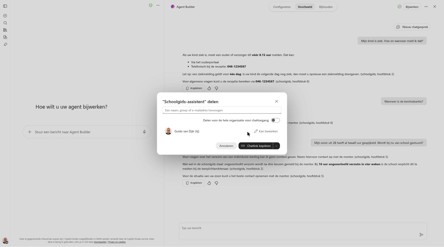 Het deelvenster: namen, hele organisatie, chatlink