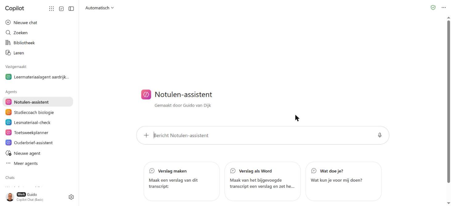 De Notulen-assistent in de chat, met de drie startvragen