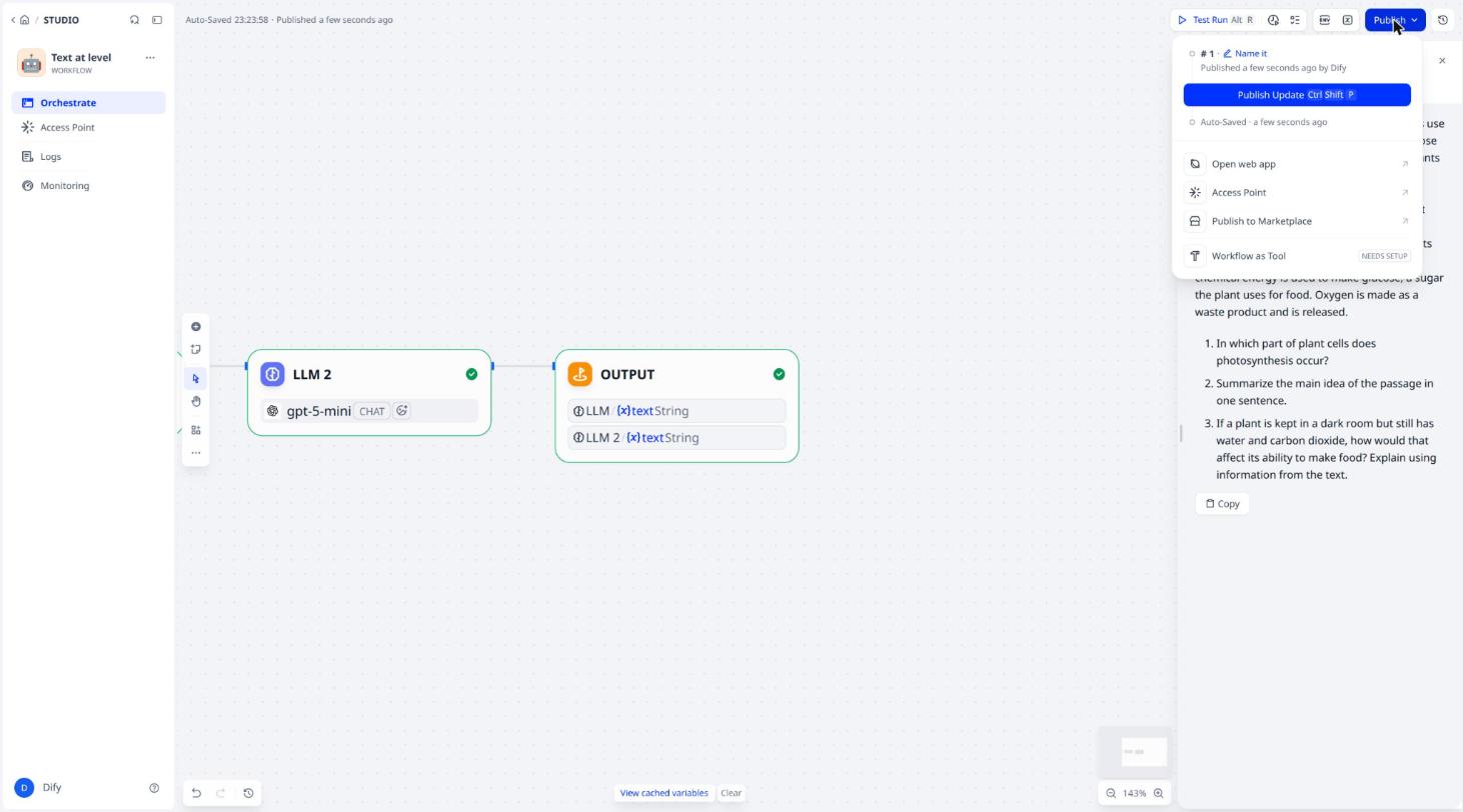 The menu after publishing
