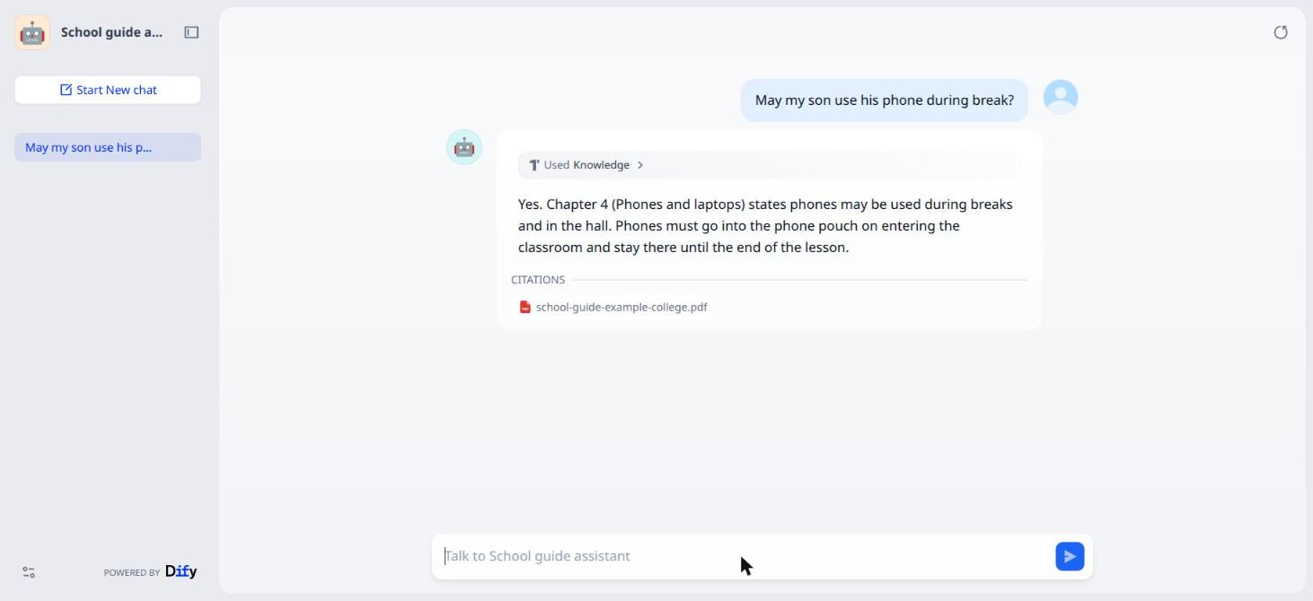The webapp answers with a source
