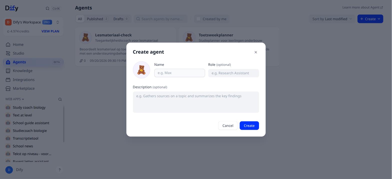 The Create agent window