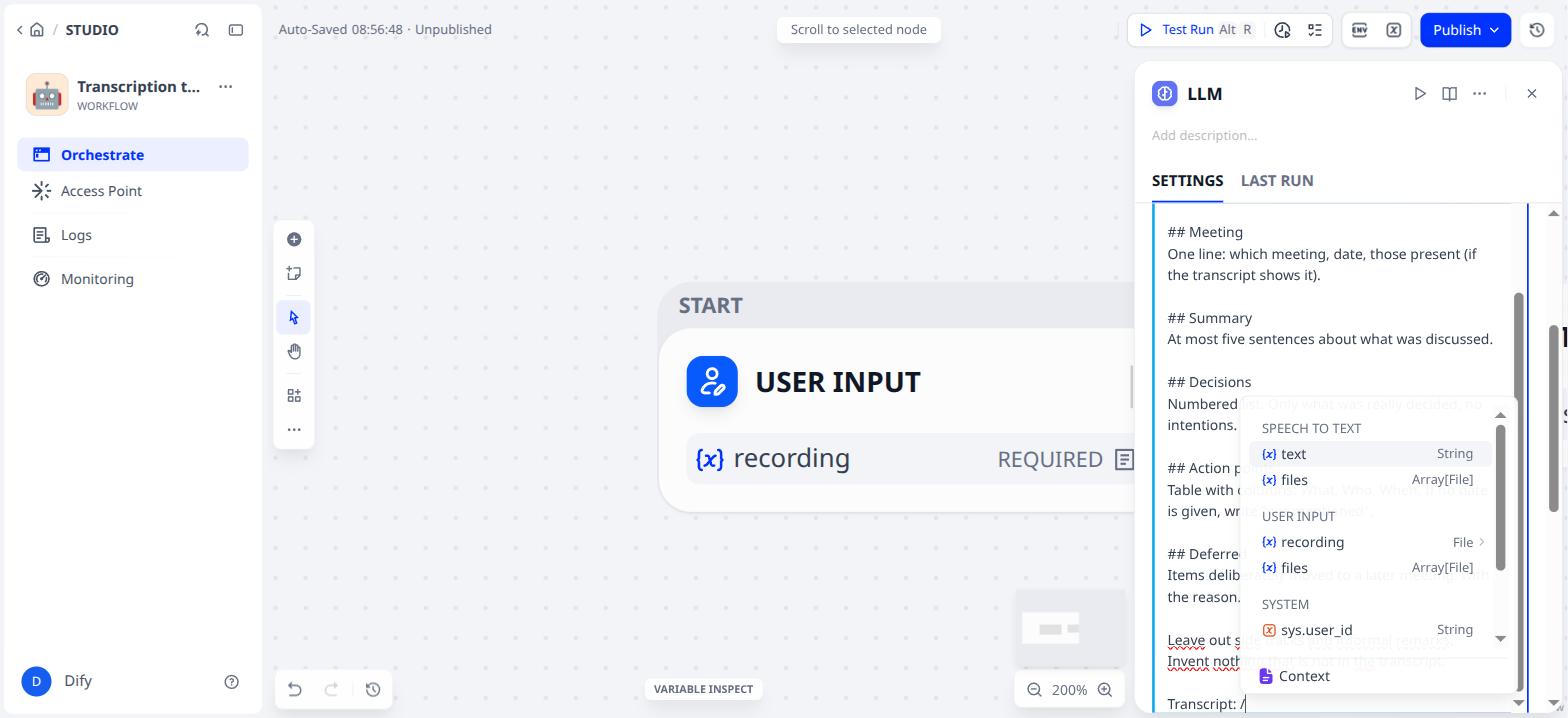 The variable list with the output of Speech To Text