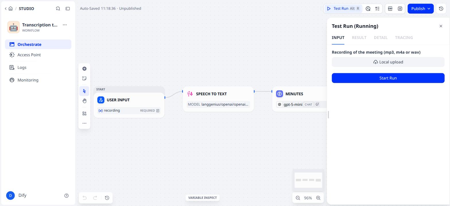 The test panel with the upload button