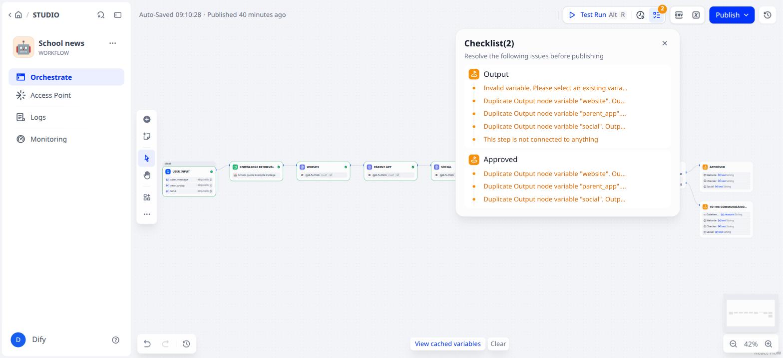 The checklist: the old Output is connected to nothing