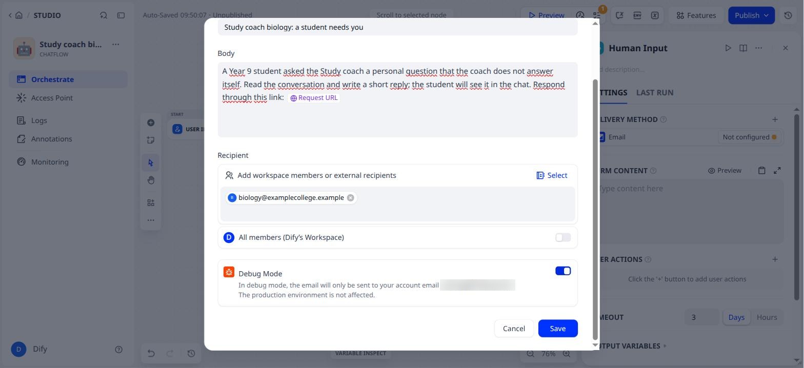 Subject, text, recipient and Debug Mode
