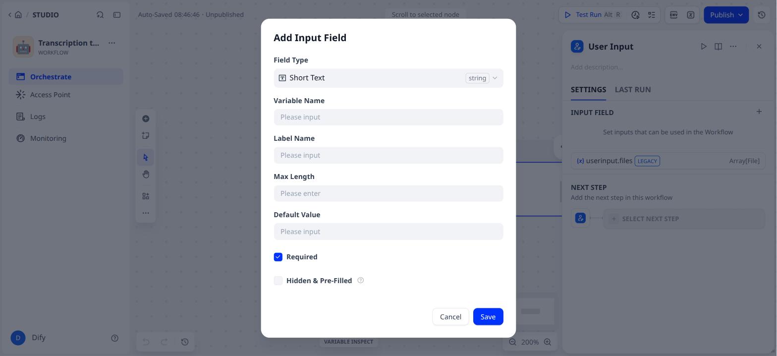 The Add Input Field dialog