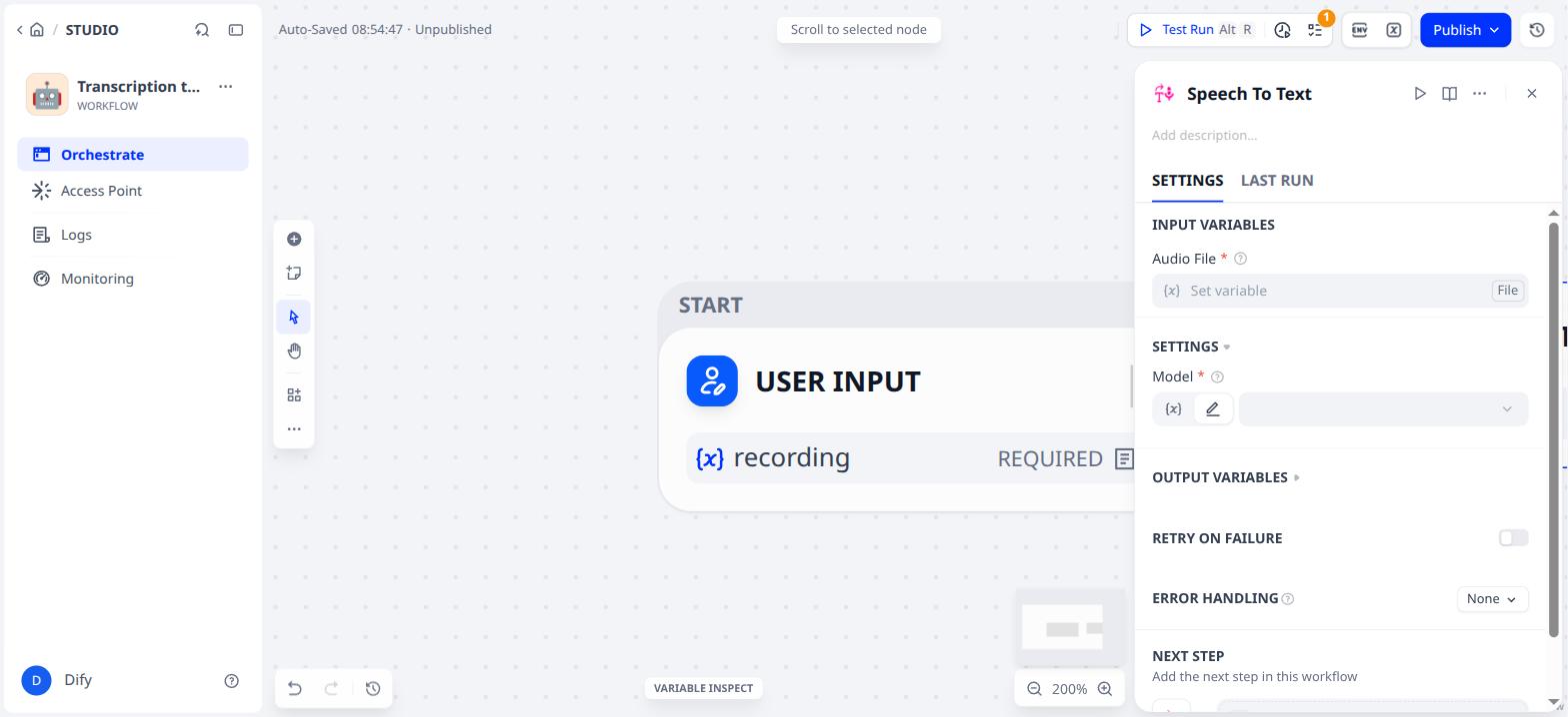 The empty Speech To Text node