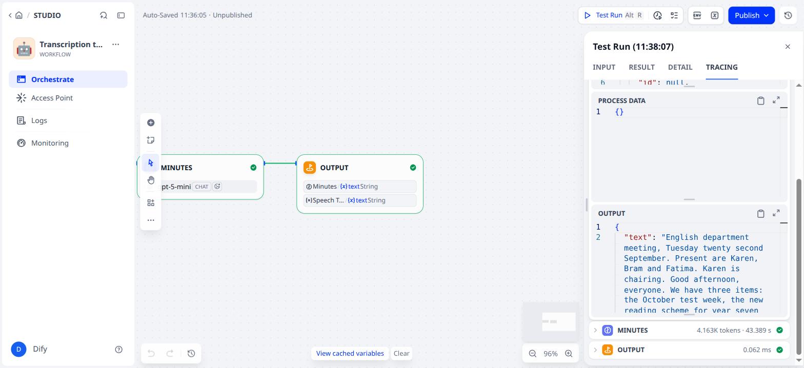 The output of Speech To Text: one field text, no names