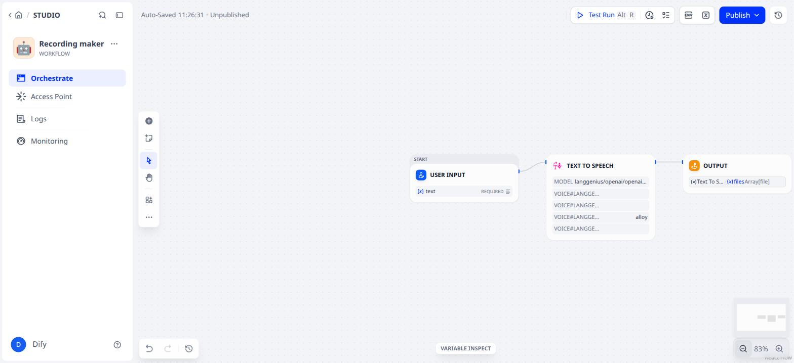 The helper workflow: User Input, Text To Speech, Output
