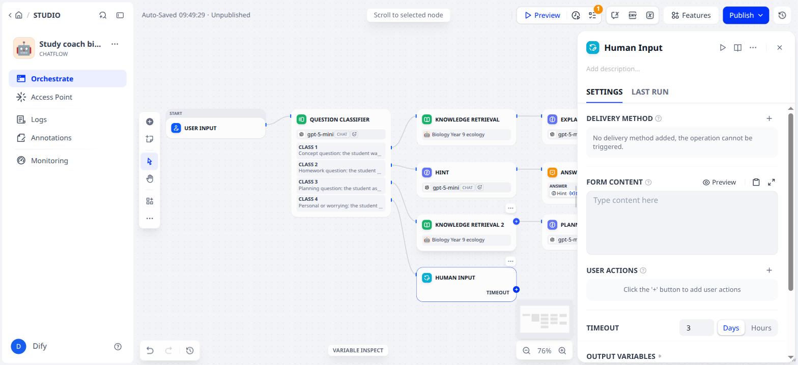 The empty Human Input block: delivery method, form, actions, timeout