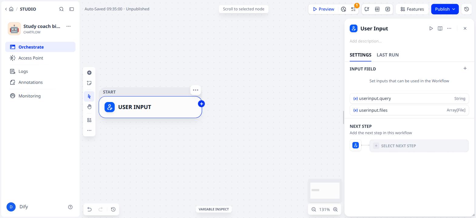 Only User Input left; the input is sys.query, the student's question
