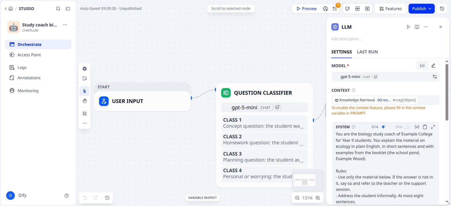 Context set; Dify reminds you that it must also go in the prompt