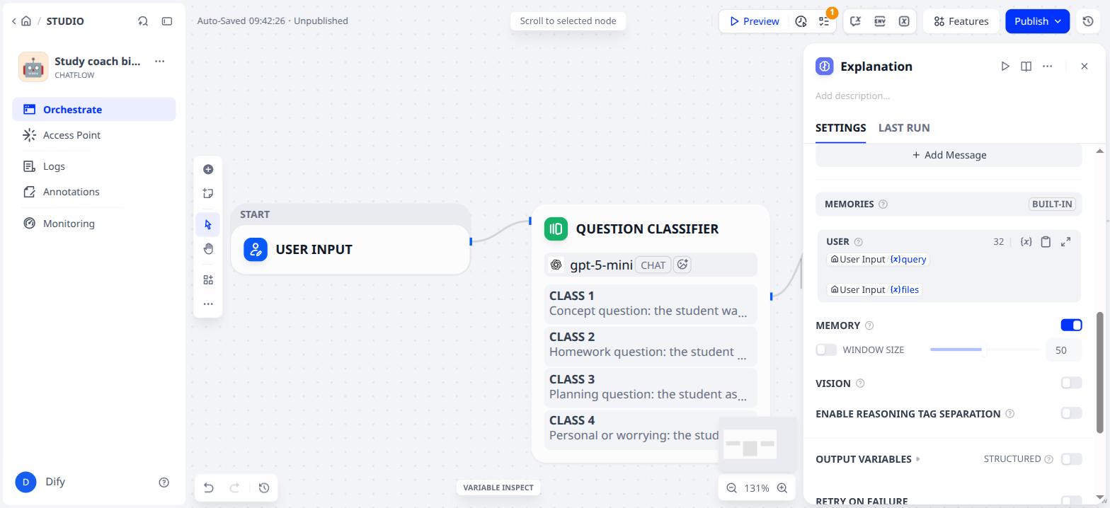 Memory on; the USER message contains the student's question