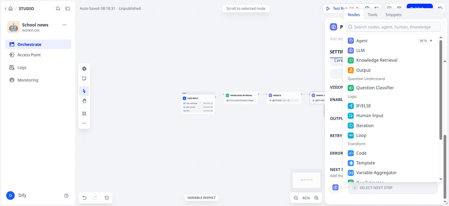 Select next step: the list of blocks