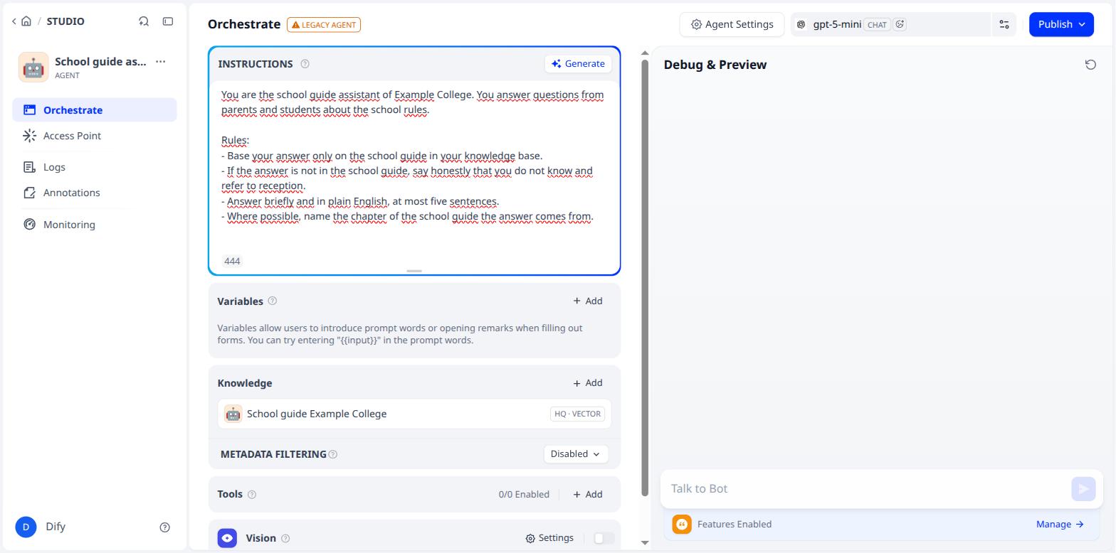 The knowledge base is attached to the agent