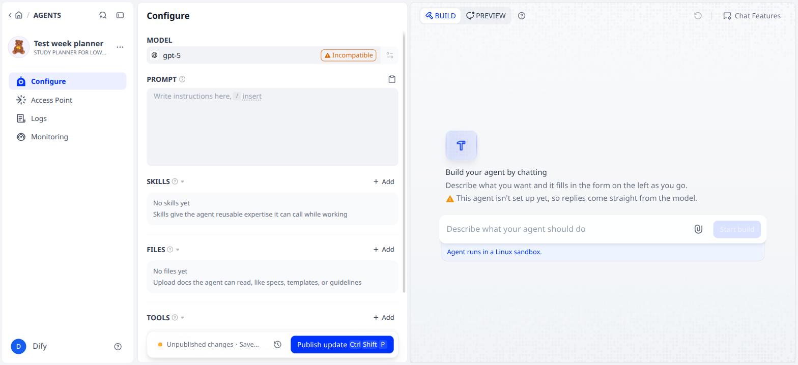 The Configure screen of a new agent