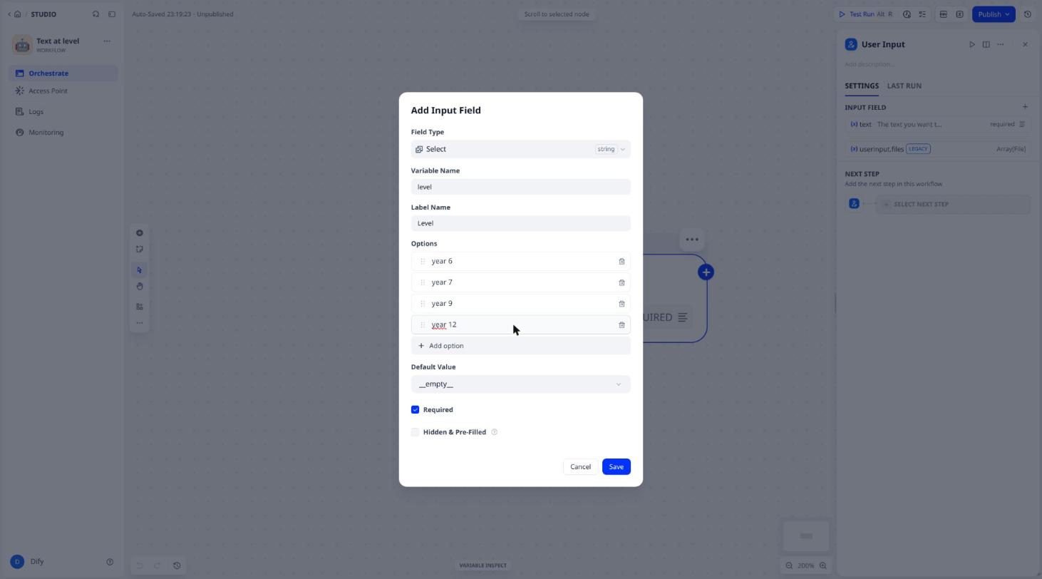 Field level, type Select with four options