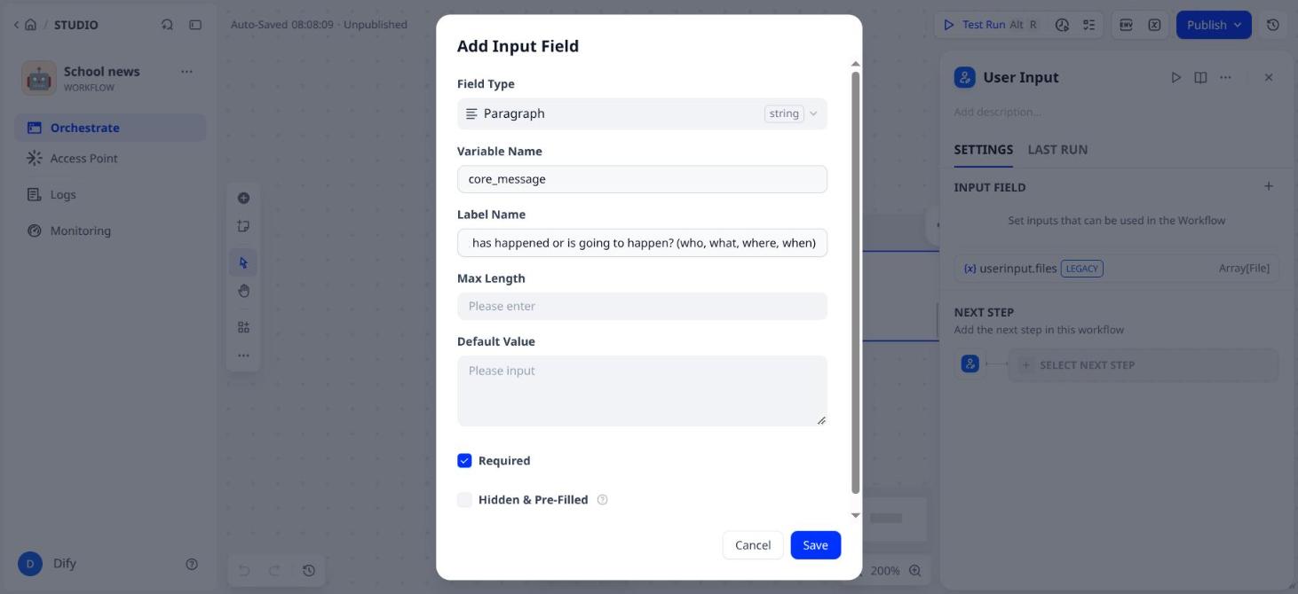 Add Input Field: Paragraph, core message