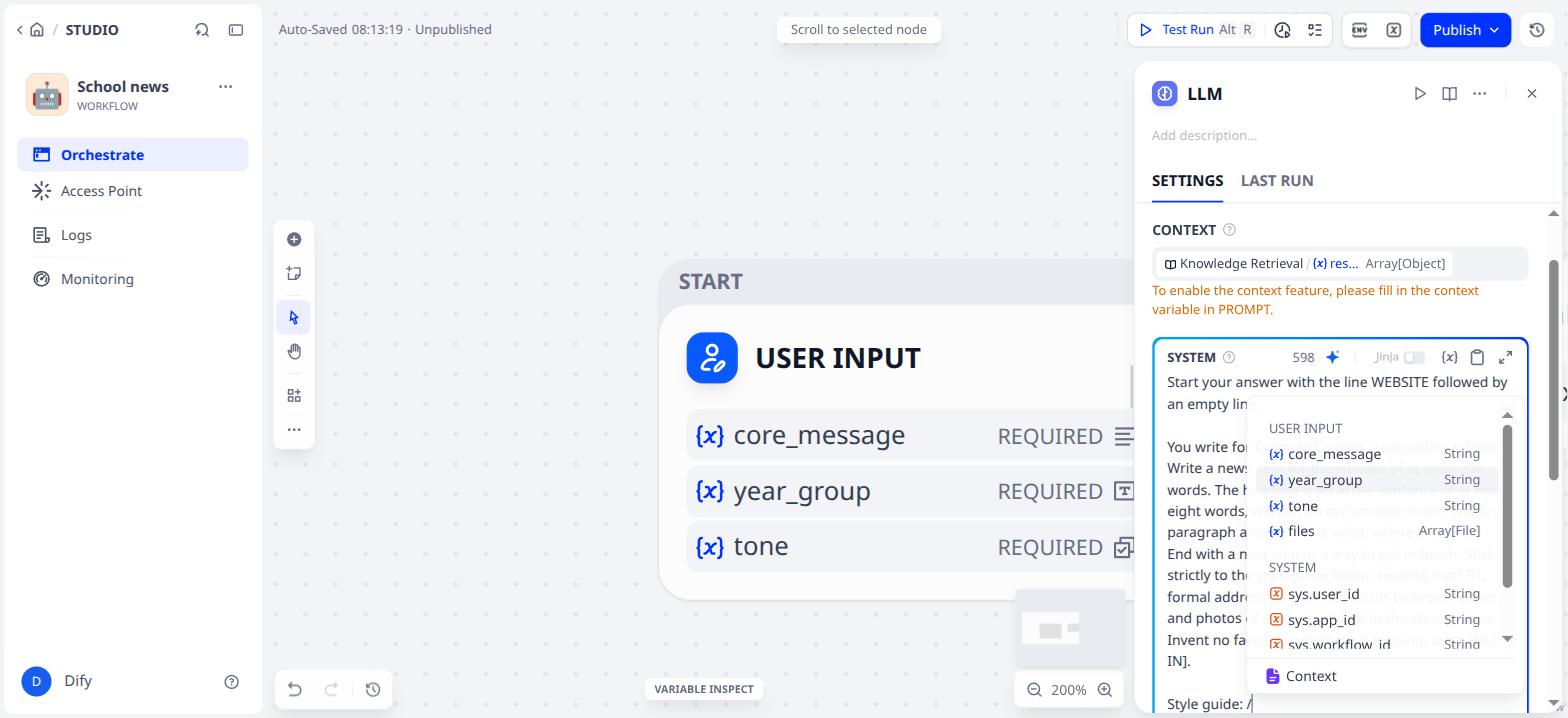 The menu after a forward slash: variables and, at the bottom, Context