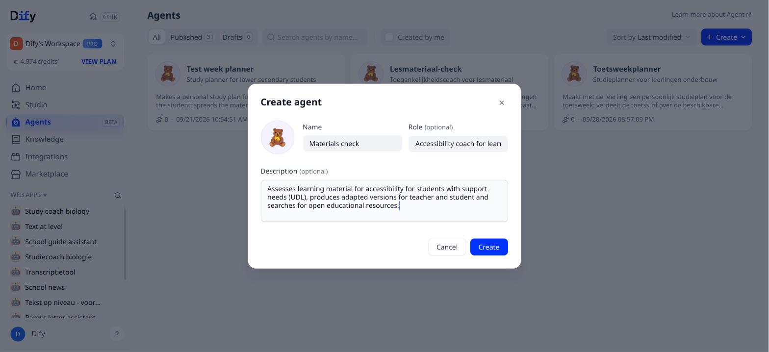 The Create agent window, filled in