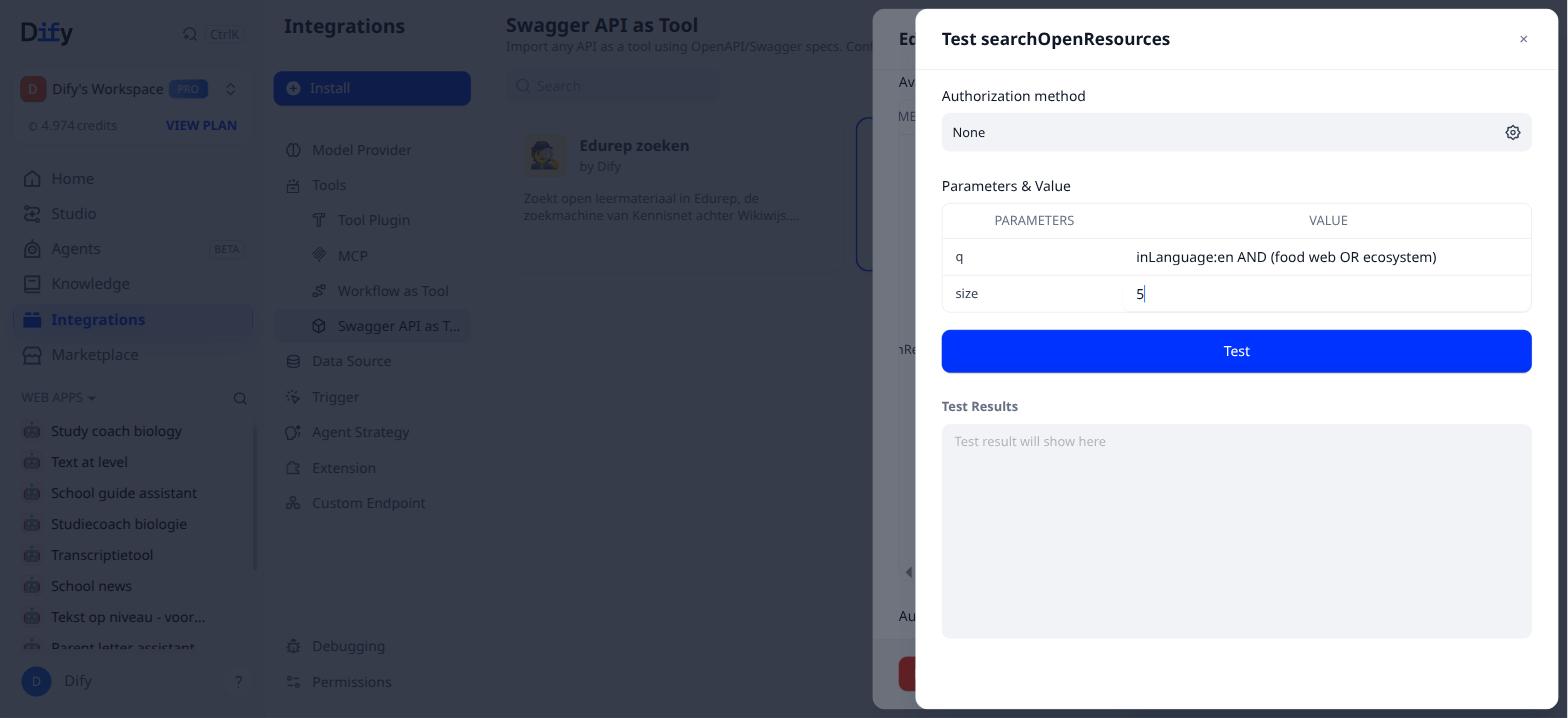 The test parameters filled in