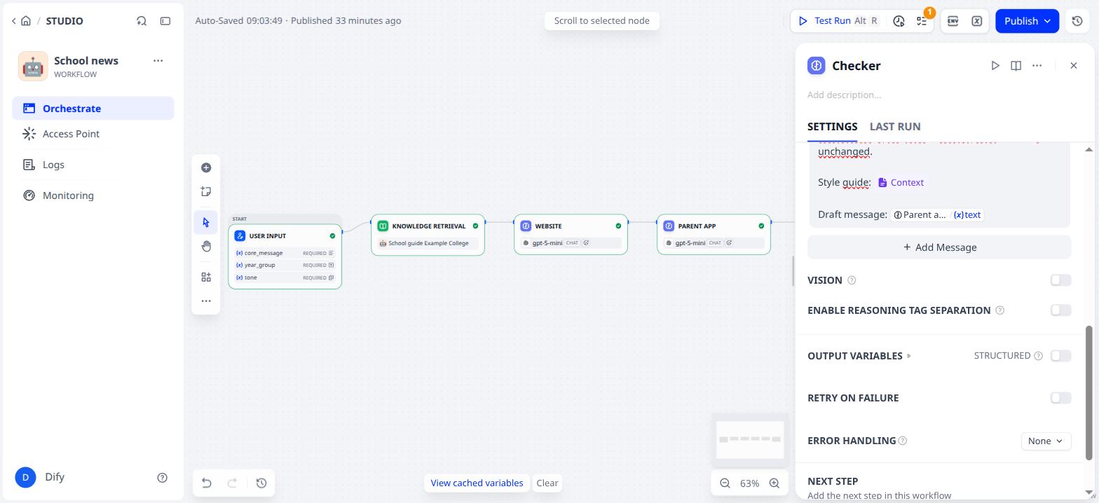 Checker ready: context and draft message are connected