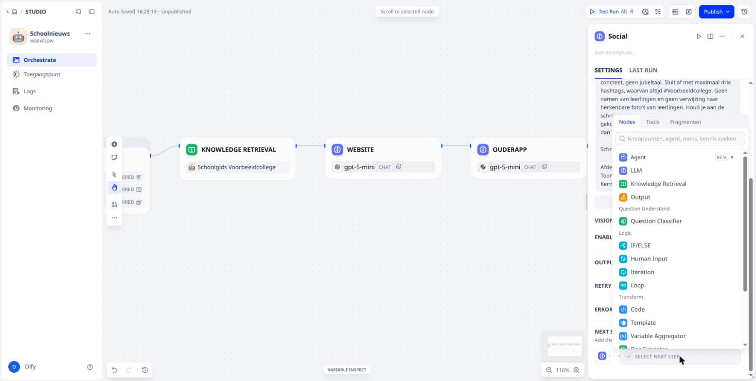 Select next step: de lijst met blokken
