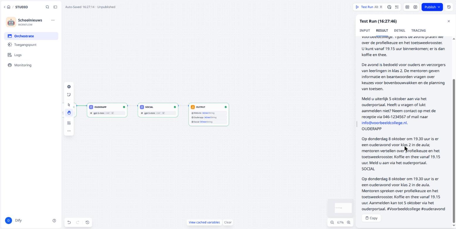 Alle drie de teksten, met de labels WEBSITE, OUDERAPP en SOCIAL