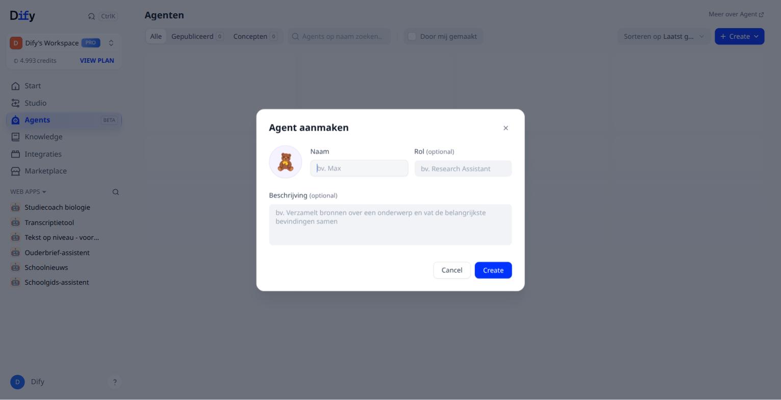 Het venster Agent aanmaken