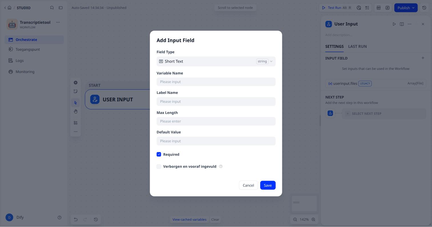 Het dialoogvenster Add Input Field