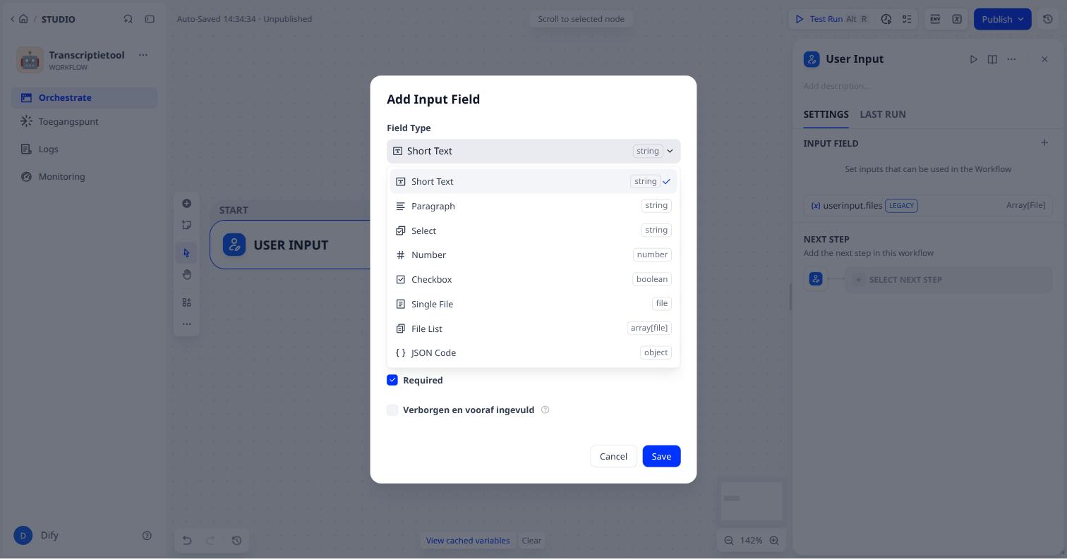 De veldtypen, met Single File en File List