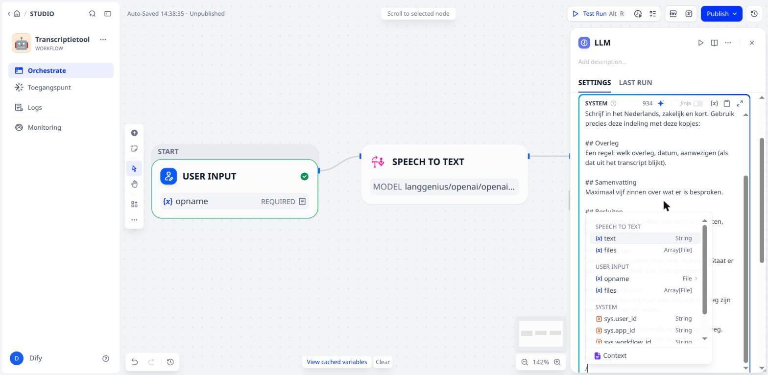 De variabelenlijst met de uitvoer van Speech To Text