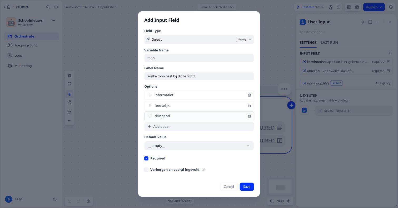 Add Input Field: Select met drie opties
