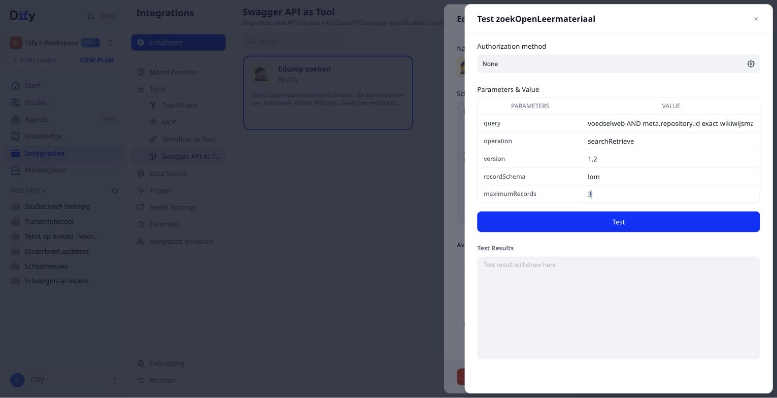 De testparameters ingevuld