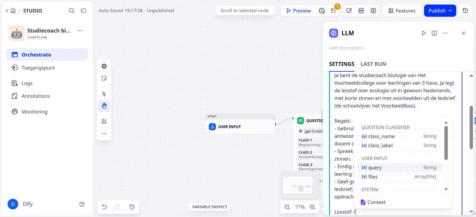 De prompt, met het menu na een schuine streep