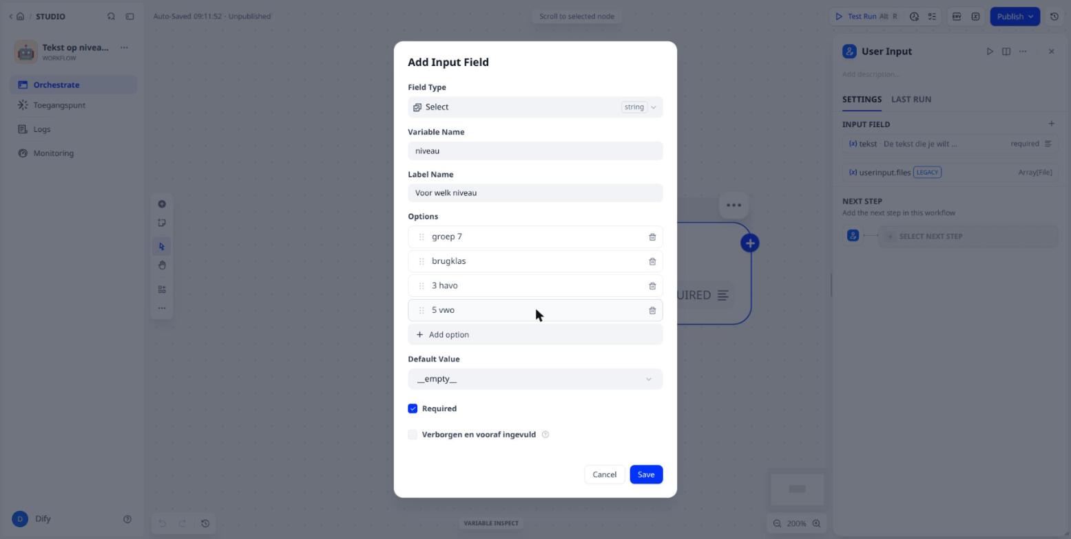 Veld niveau, type Select met vier opties