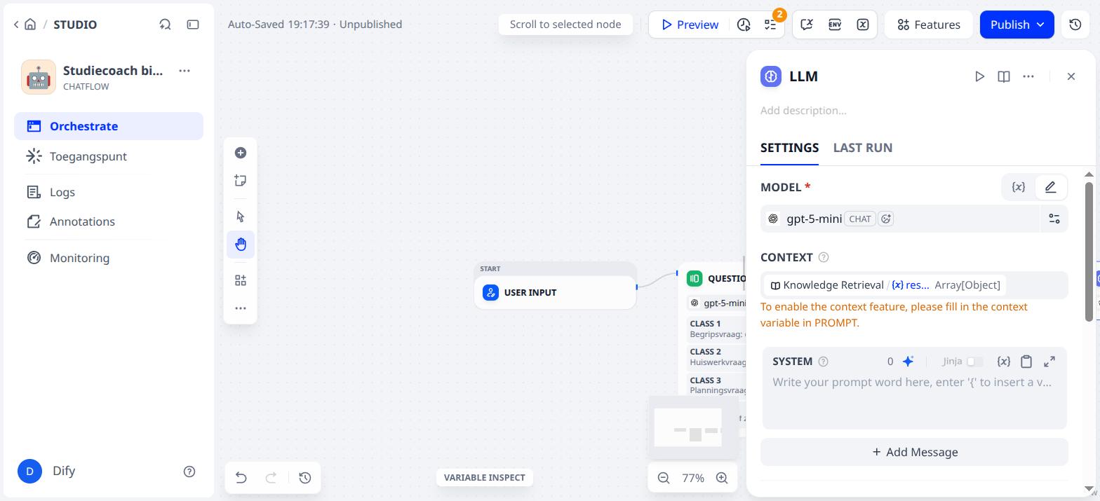 Context gezet; Dify herinnert je eraan dat hij ook in de prompt moet