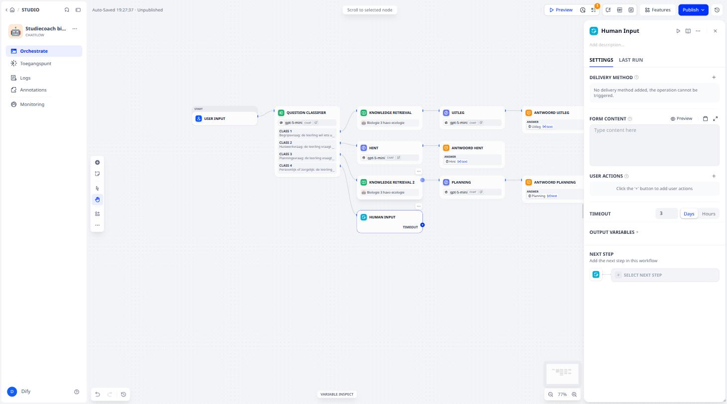 Het lege Human Input-blok: bezorgmethode, formulier, acties, time-out