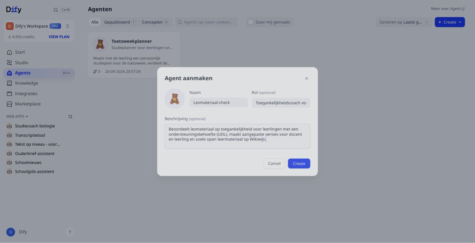 Het venster Agent aanmaken, ingevuld