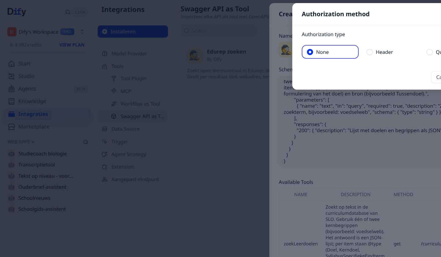 Authorization method: None, Header of Query Param