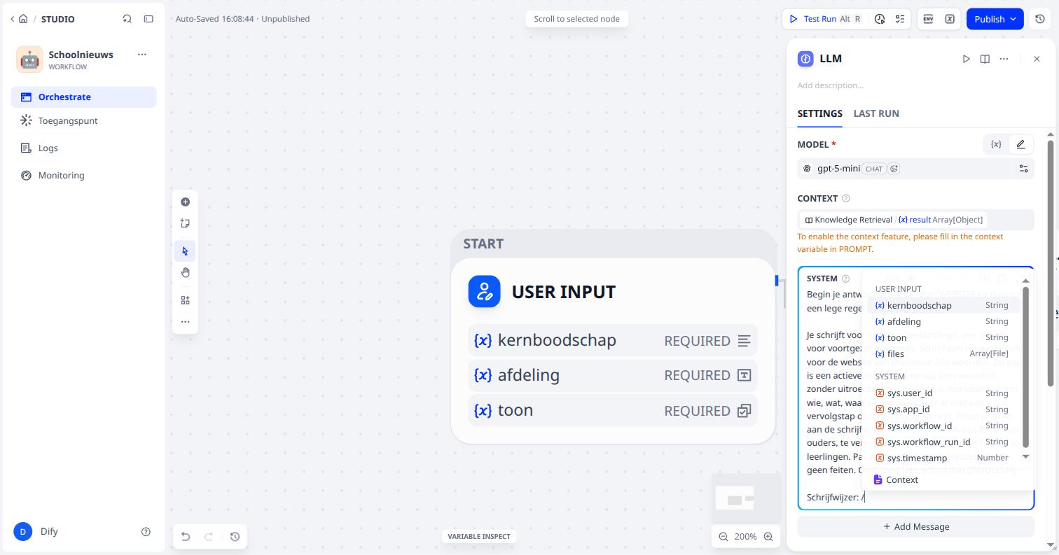 Het menu na een schuine streep: variabelen en, onderaan, Context