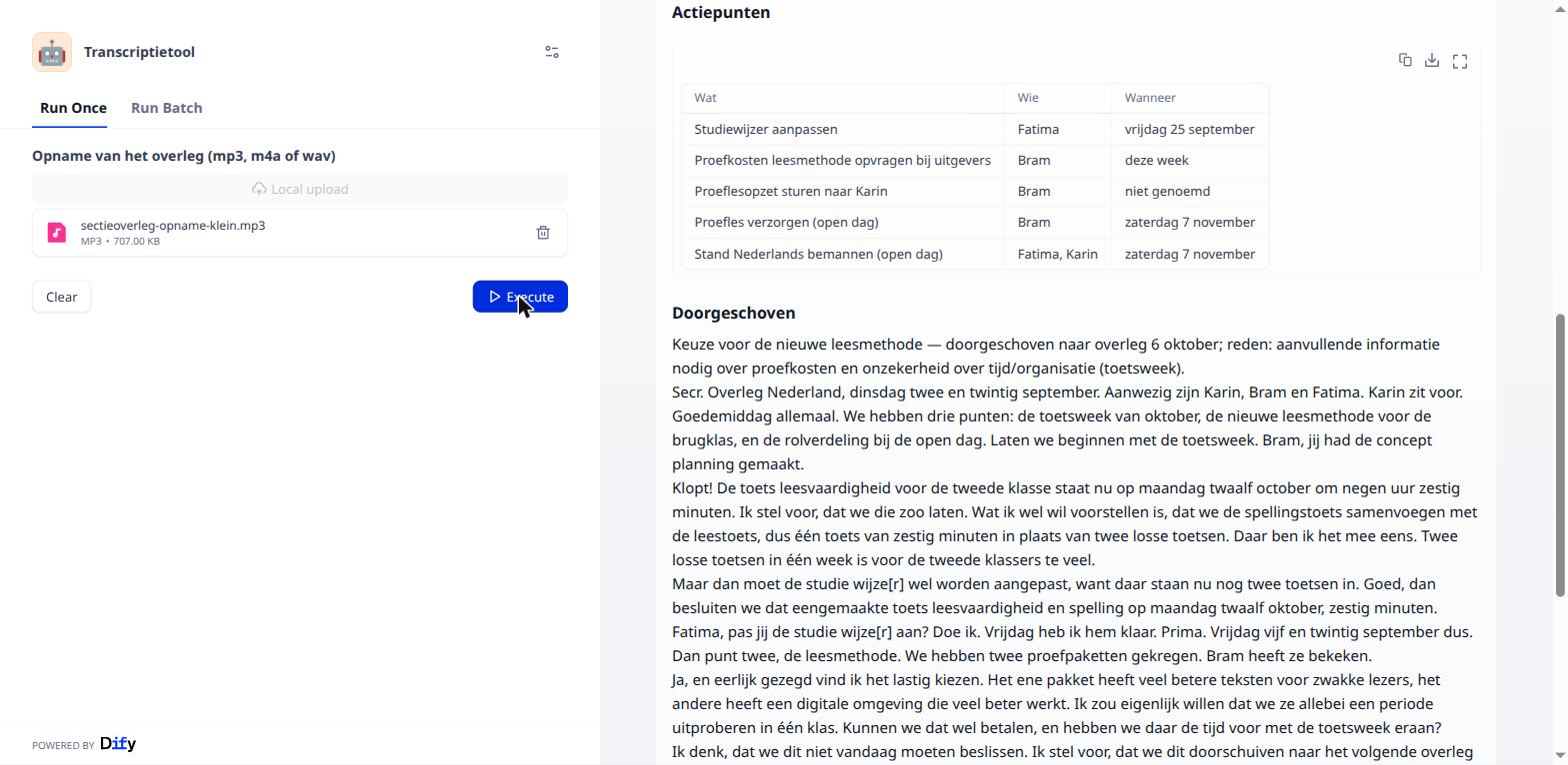 De actiepuntentabel, met kopieer- en downloadknop