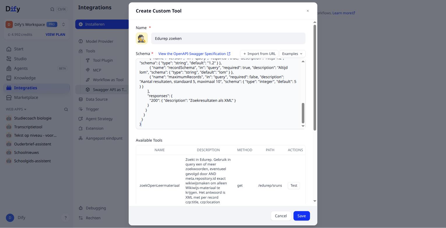 Het schema geplakt, de tool herkend