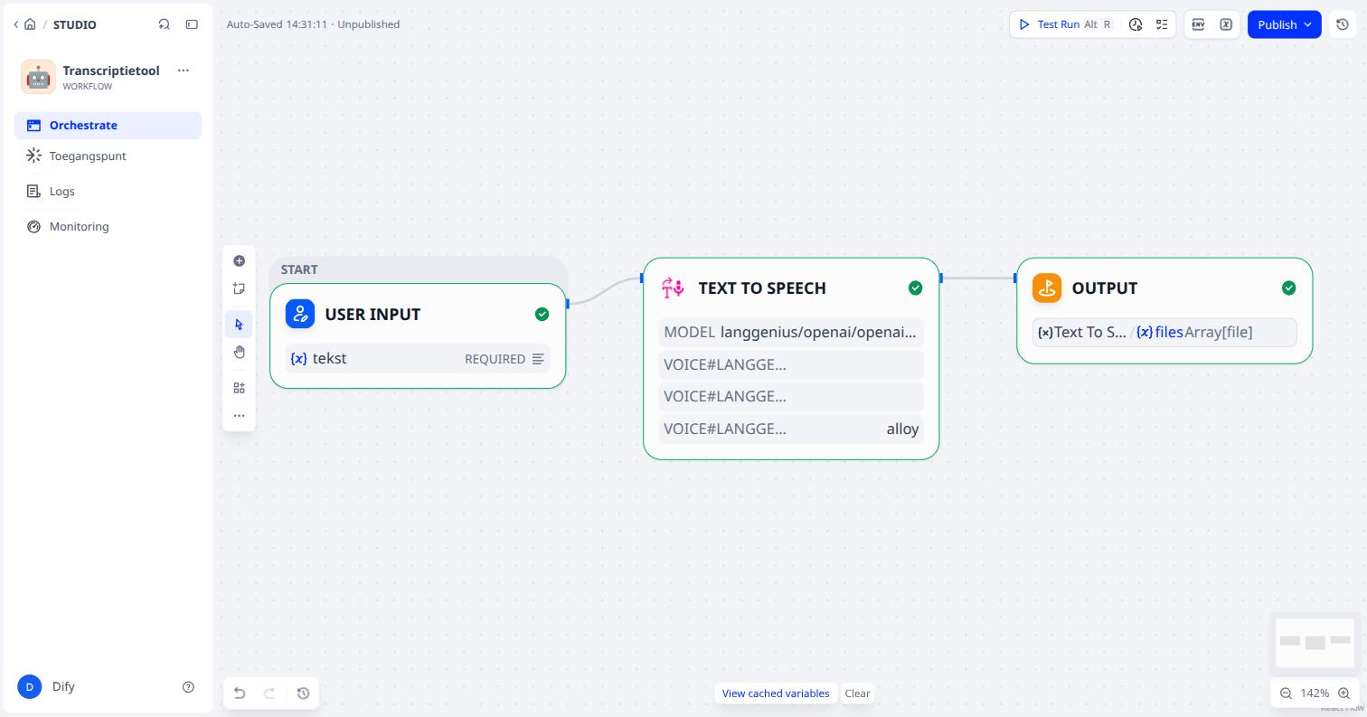 De hulpworkflow: User Input, Text To Speech, Output