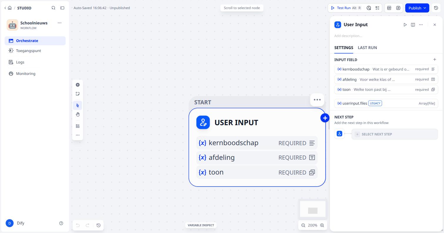 De drie velden staan in User Input