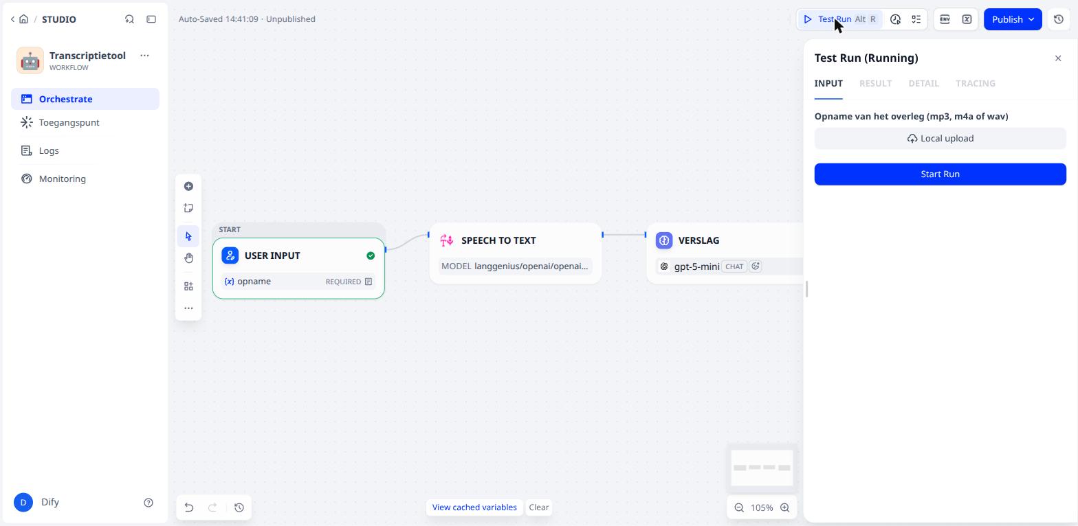 Het testpaneel met de uploadknop